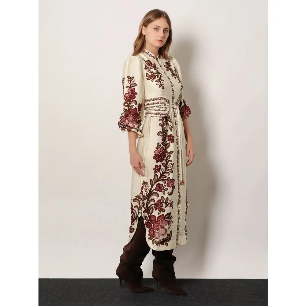 NEW Farm Rio Renata Floral Sand Midi Dress Lyocell Button Front Embroidered MED - Picture 2 of 16